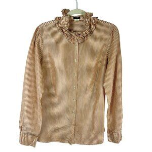 Vintage Y2K J Crew 100% Silk Blouse Women Medium Orange Stripe Ruffle Neck Work